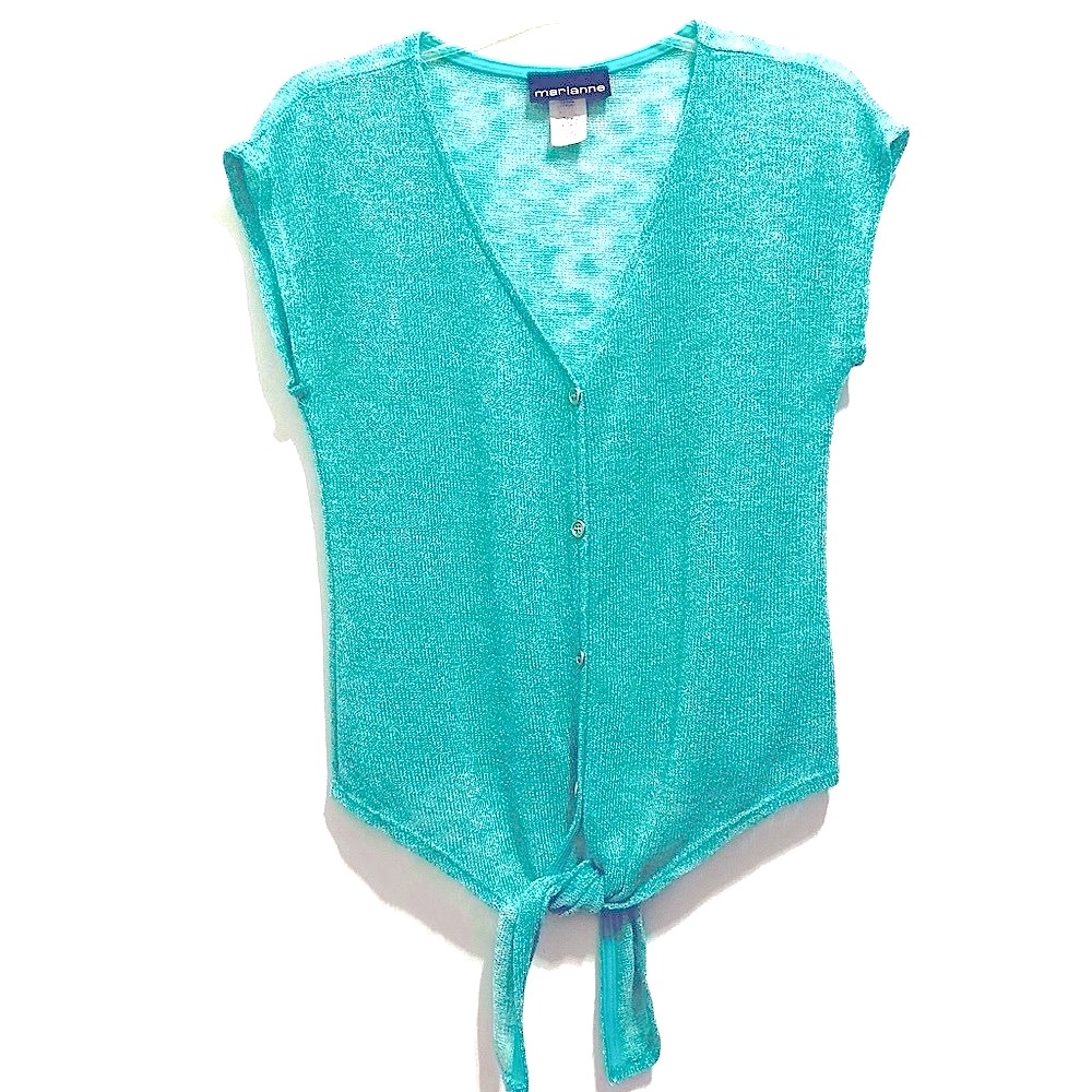 Marianne Women’s V-Neck Knit Crochet Lurex Knot Sheer Aqua Blue Top